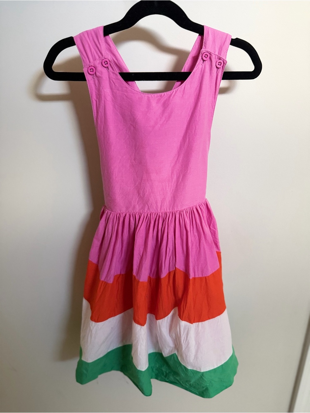 Mini Boden Pink Colorblock Button-Shoulder Dress with Multicolor Stripes